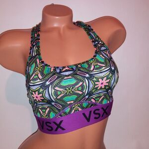 Victoria Secret Sports Bra Small Black Purple Geo Racerback Stretch Wireless